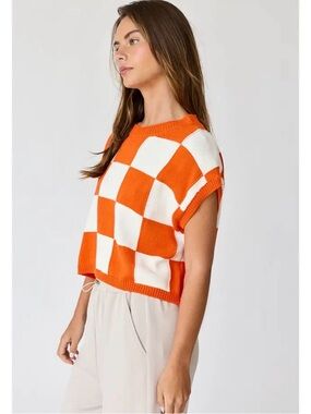 Papermoon Orange and White Checkerboard Crop Sweater Top